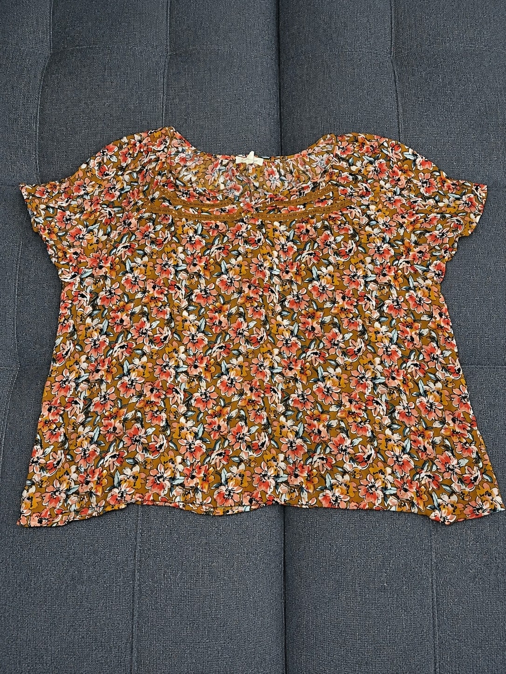 loralette Mustard Floral Short-Sleeve Peasant Blouse with Coral Accents